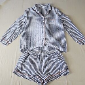 Piglet In Bed Blue Stripe Linen Pajama Shorts Set Lounge Natural Fiber Womens XL